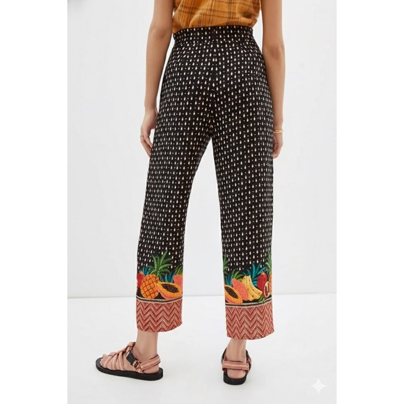 Farm Rio x Anthropologie Tucker Tropical Fruit Wide Leg Paperbag Pants Black M - Picture 3 of 8
